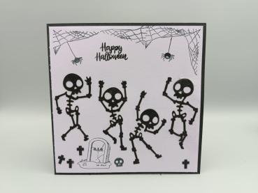 Handgemachte Halloween-Karte mit Mr. Bones und tanzenden Skeletten – „Happy Halloween“